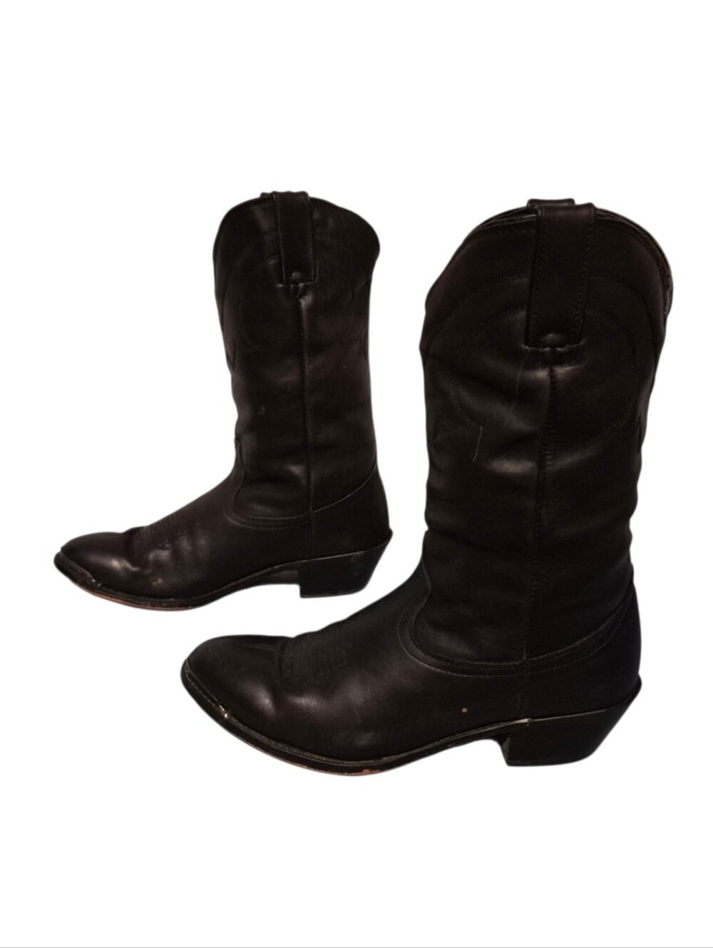 Black Leather Cowboy Western Pull-On Mid-Calf Boots Women's Size 8 Pointed Toe